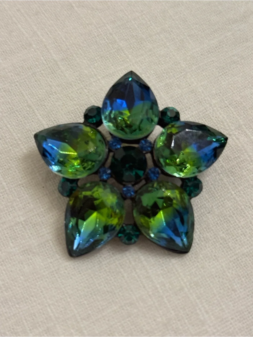 VTG Mid Century Vitrail Green Blue Rhinestone Flower Brooch